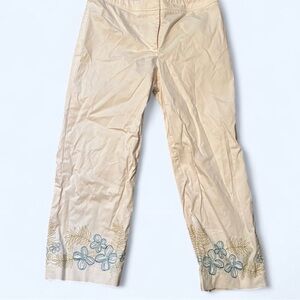 Apostrophe Cream Cropped Pants with Blue Floral Embroidery